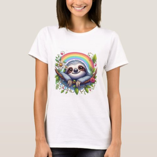 Whimsical sleepy sloth design with rainbow T_Shirt