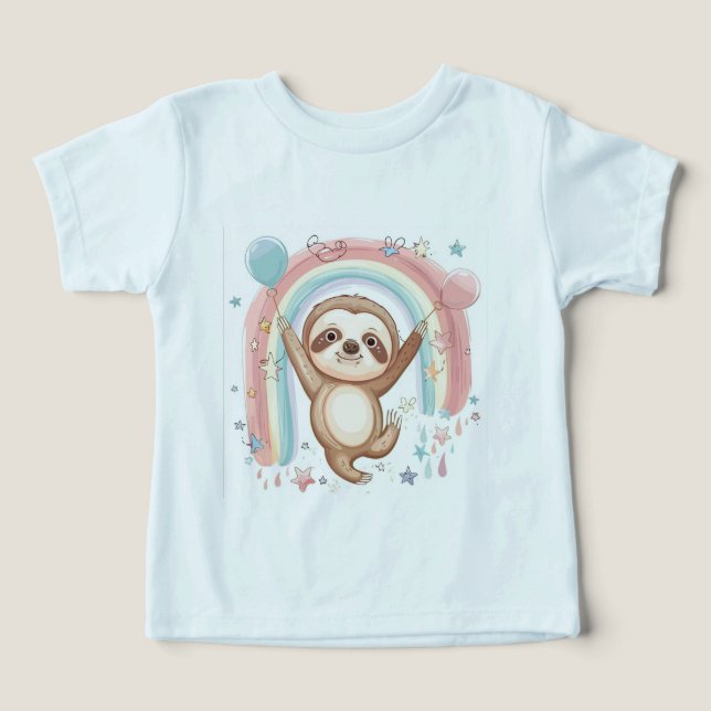Whimsical Sloth Holding Balloons with Rainbow Star Toddler T-shirt (Design Front)
