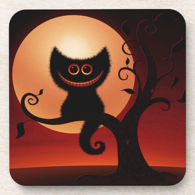 Whimsical Smiling Black Cat Beverage Coaster (Front)