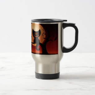 Whimsical Smiling Black Cat Travel Mug