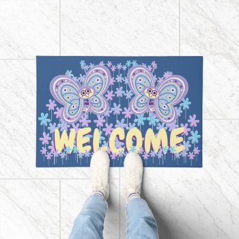 Whimsical Smiling Butterfly Garden Welcome Doormat by anuradesignstudio at Zazzle