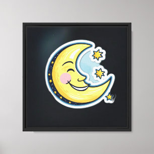 Whimsical Smiling Half Moon and Stars Cartoon  Canvas Print
