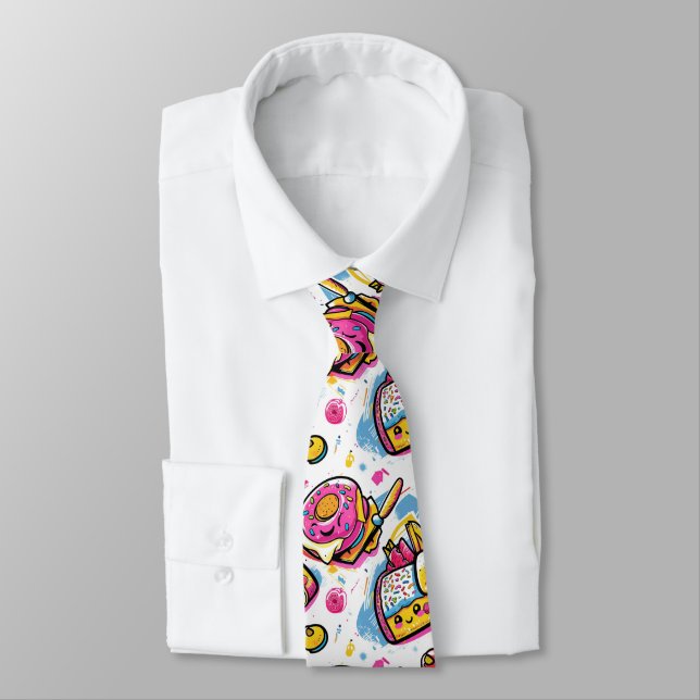 Whimsical Smiling Taco, Burger, Donut & Soda Food  Neck Tie (Tied)