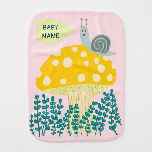 Whimsical Snail on Magical Mushroom CUSTOM Baby Burp Cloth