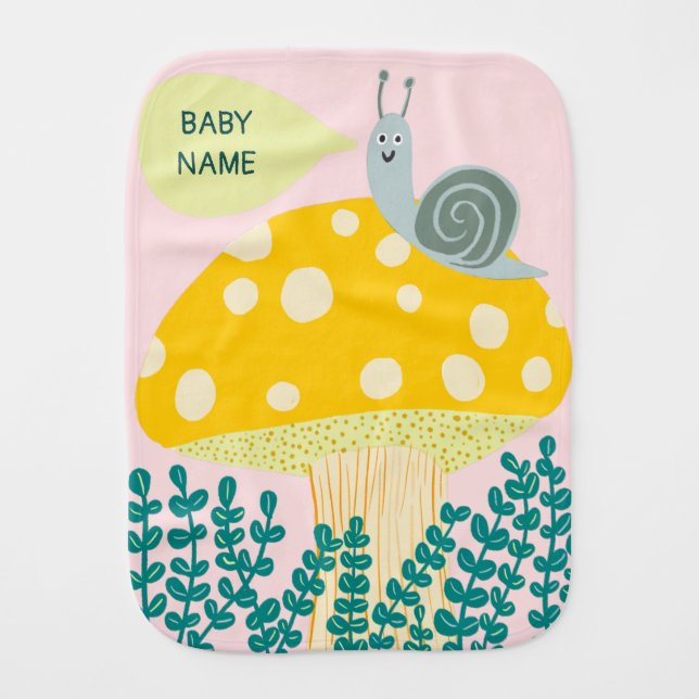 Whimsical Snail on Magical Mushroom CUSTOM Baby Burp Cloth (Front)