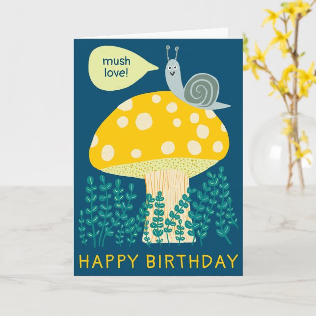 Whimsical Snail on Magical Mushroom CUSTOM Bday  Card (Yellow Flower)