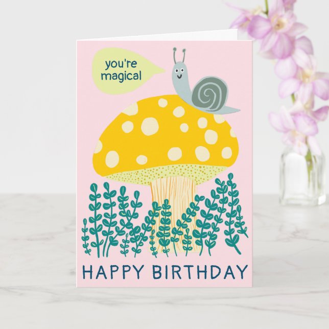 Whimsical Snail on Magical Mushroom CUSTOM Bday Card (Orchid)