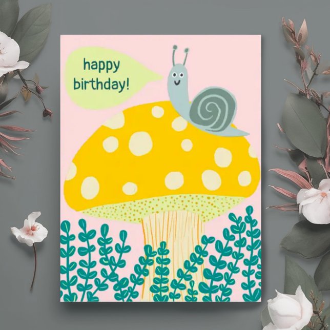 Whimsical Snail on Magical Mushroom CUSTOM Bday Postcard (Happy birthday postcard- cute snail on a mushroom pink and green)