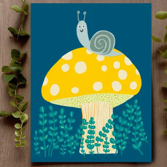 Whimsical Snail on Magical Mushroom Cute Postcard (Cute snail on top of a mushroom, colorful drawing, Customize with your own text on the front or back)