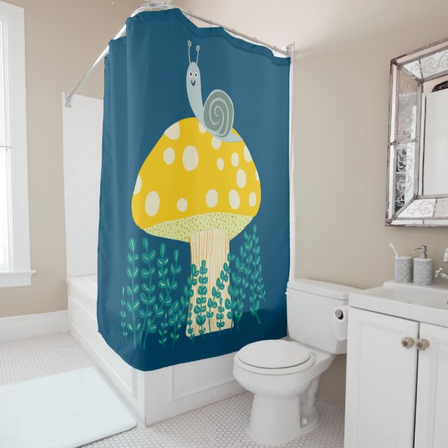 Whimsical Snail on Magical Mushroom Shower Curtain (In Situ)