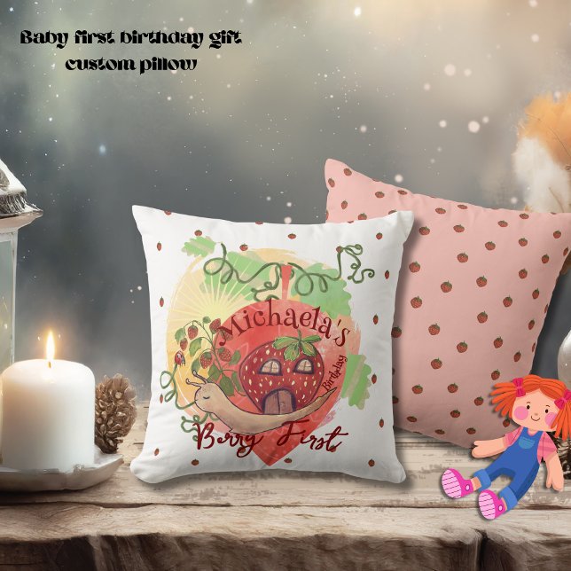 Whimsical Snail & Strawberry 1st birthday Throw Pillow (Whimsical Snail & Strawberry 1st birthday Throw Pillow)