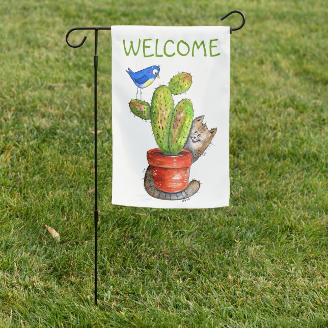 Whimsical Sneaky Cat with Cactus Garden Flag (In SItu)