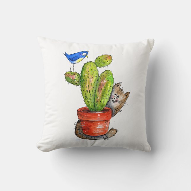 Whimsical Sneaky Cat with Cactus Throw Pillow (Front)