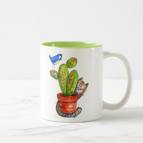 Whimsical Sneaky Cat with Cactus Two_Tone Coffee Mug