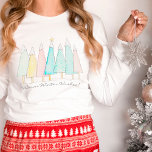 Whimsical Snow Capped Trees Christmas Star Holiday T-Shirt<br><div class="desc">This whimsical, modern holiday design uses my hand painted snow capped simple triangle trees in a fun, trendy retro color scheme of soft pink, aqua blue, pale green, and lemon yellow and white doodles with a Christmas star on an artsy winter watercolor background. The text can be customized as well...</div>
