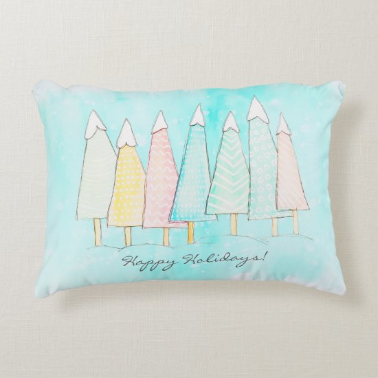 Whimsical Snow Capped Trees Modern Happy Holidays Accent Pillow