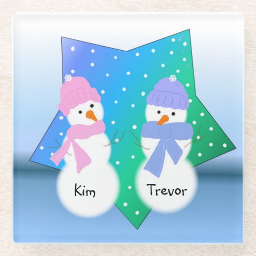 Whimsical Snow Couple With Names Glass Coaster
