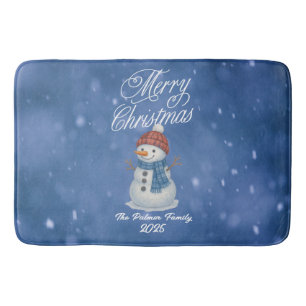 Whimsical Snow Man Merry Christmas Bath Mat