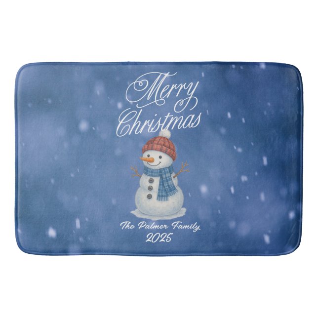 Whimsical Snow Man Merry Christmas Bath Mat (Front)