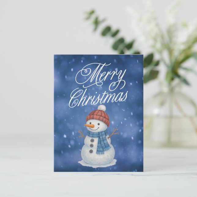 Whimsical Snow Man Merry Christmas Holiday Postcard (Standing Front)