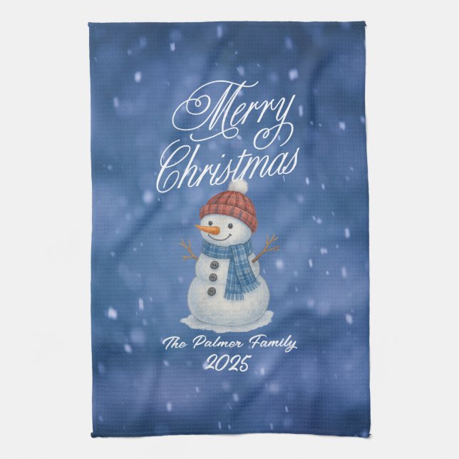 Whimsical Snow Man Merry Christmas Kitchen Towel (Vertical)