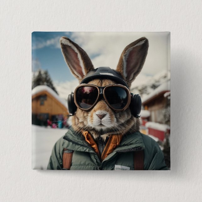 Whimsical Snowboarding Bunny Button (Front)