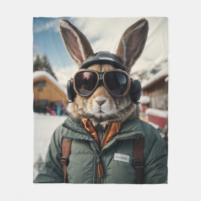 Whimsical Snowboarding Bunny Fleece Blanket (Front)