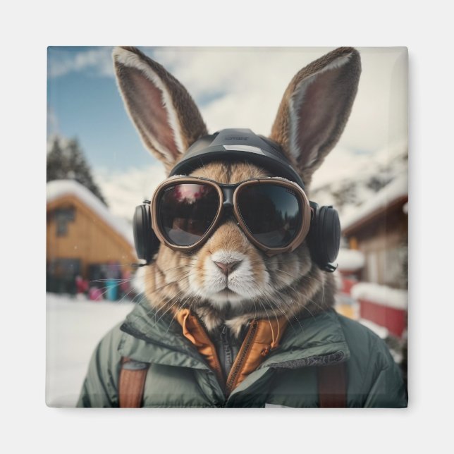 Whimsical Snowboarding Bunny Magnet (Front)