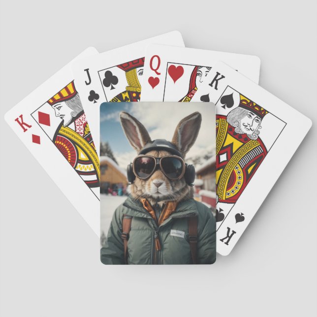 Whimsical Snowboarding Bunny Poker Cards (Back)