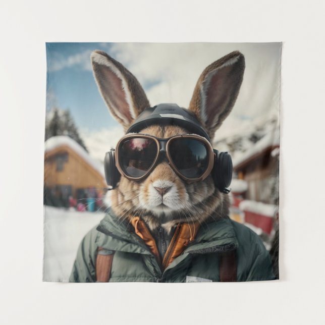 Whimsical Snowboarding Bunny Tapestry (Front)
