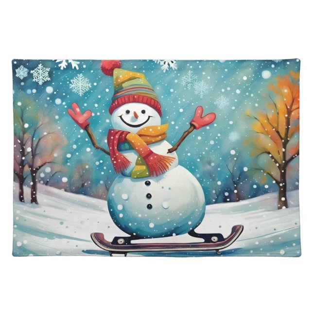 Whimsical Snowboarding Snowman - Placemat (Front)