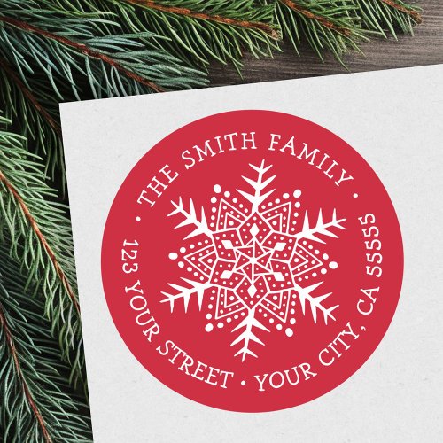 Whimsical snowflake Christmas red return address Classic Round Sticker