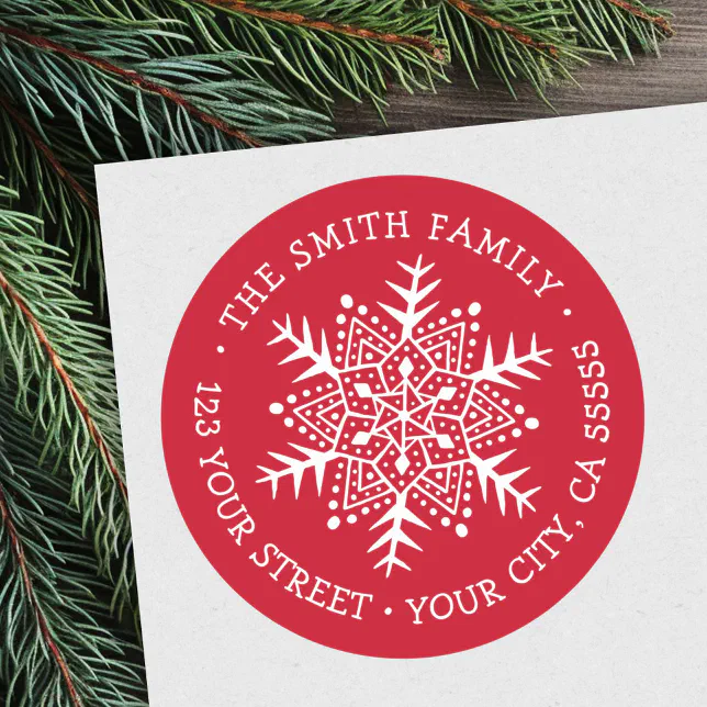 Red Return Sticker Whimsical snowflake Christmas red return address Classic Round Sticker ...