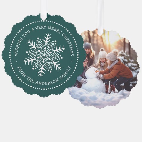 Whimsical snowflake dot border pine green ornament card