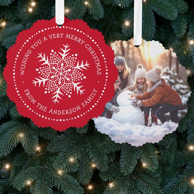 Whimsical snowflake dot border red ornament card (Whimsical snowflake dot border red ornament card)