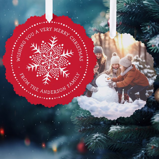 Whimsical snowflake dot border red ornament card (Whimsical snowflake dot border red ornament card)