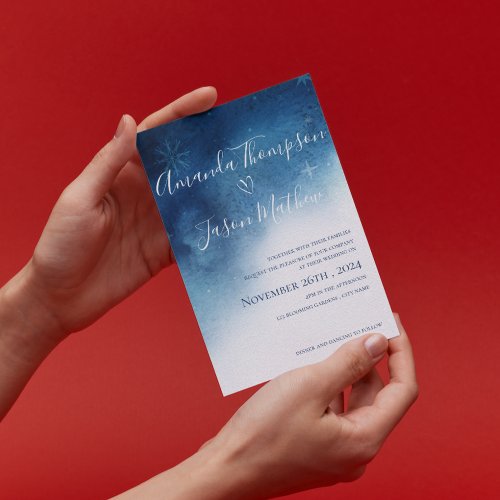 Whimsical Snowflake Elegance Blue White Wedding Invitation Postcard