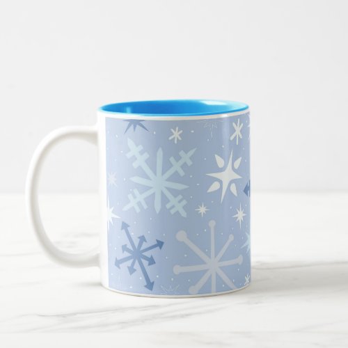 Whimsical snowflake flurry in icy blues Two_Tone coffee mug