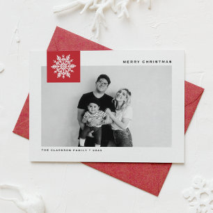 Whimsical Snowflake Red Merry Christmas Photo Holiday Card