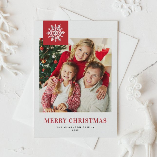 Whimsical Snowflake Red Merry Christmas Photo  Holiday Postcard (Red and white photo Christmas postcard featuring a white whimsical snowflake.)