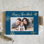 Whimsical Snowflakes Blue Happy Hanukkah Photo Foil Holiday Card<br><div class="desc">Happy Hanukkah! Send warm wishes to family and friend with this gold foil Hanukkah card. It featrures whimsical snowflakes and modern calligraphy. Personalize this photo Hanukkah card by adding your own details. This snowflakes Hanukkah photo card is avialable in other colors and cardstock.</div>