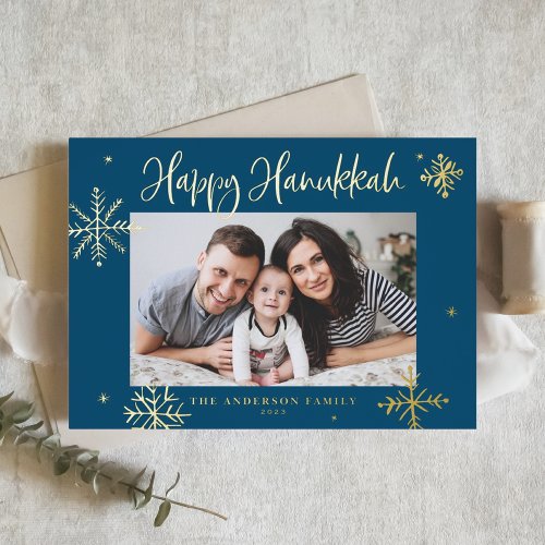 Whimsical Snowflakes Blue Happy Hanukkah Photo Foil Holiday Postcard