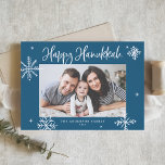 Whimsical Snowflakes Blue Happy Hanukkah Photo Holiday Postcard<br><div class="desc">Happy Hanukkah! Send warm wishes to family and friend with this whimsical Hanukkah postcard. It featrures whimsical snowflakes and modern calligraphy. Personalize this photo Hanukkah postcard by adding your own details. This snowflakes Hanukkah photo postcard is avialable in other colors and cardstock.</div>