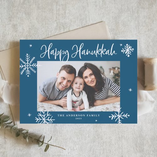 Whimsical Snowflakes Blue Happy Hanukkah Photo Holiday Postcard