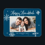 Whimsical Snowflakes Blue Happy Hanukkah Photo Magnet<br><div class="desc">Happy Hanukkah! Send warm wishes to family and friends with this whimsical Hanukkah magnet. It features whimsical snowflakes and modern calligraphy. Personalize this photo Hanukkah card by adding your details. This snowflake Hanukkah photo magnet is available in other colors and cardstock.</div>