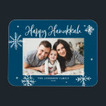 Whimsical Snowflakes Blue Happy Hanukkah Photo Magnet<br><div class="desc">Happy Hanukkah! Send warm wishes to family and friends with this whimsical Hanukkah magnet. It features whimsical snowflakes and modern calligraphy. Personalize this photo Hanukkah card by adding your details. This snowflake Hanukkah photo magnet is available in other colors and cardstock.</div>