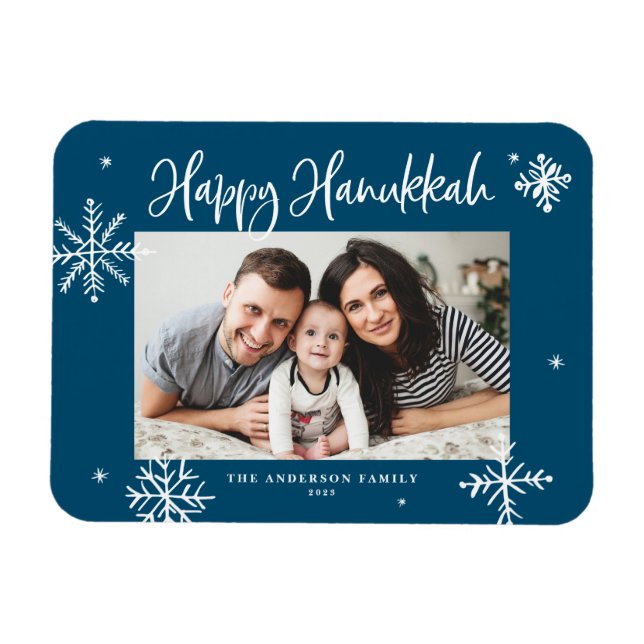 Whimsical Snowflakes Blue Happy Hanukkah Photo Magnet (Horizontal)