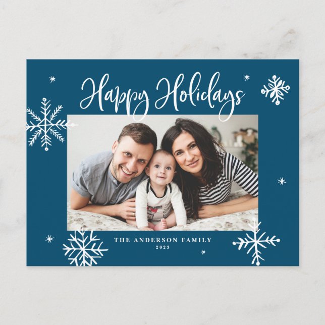 Whimsical Snowflakes Blue Happy Holidays Photo Holiday Postcard (Front)