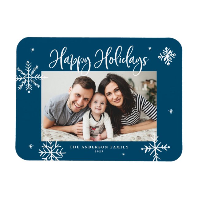 Whimsical Snowflakes Blue Happy Holidays Photo Magnet (Horizontal)
