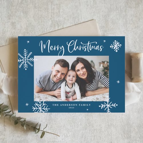 Whimsical Snowflakes Blue Merry Christmas Photo Holiday Card